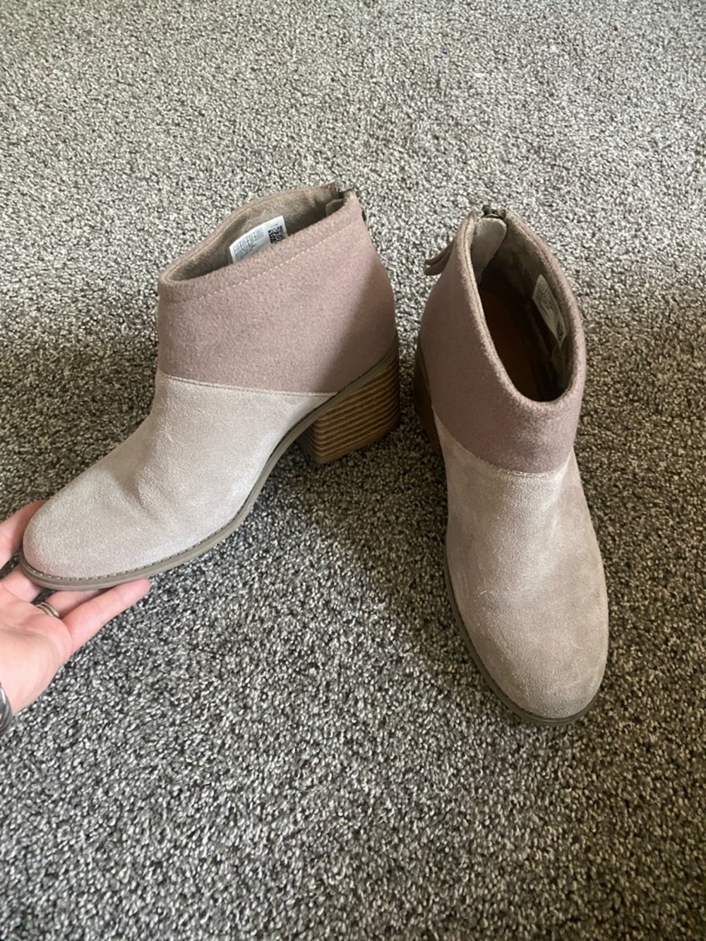 Toms Two-Tone Taupe Suede Ankle Booties with Stacked Heel